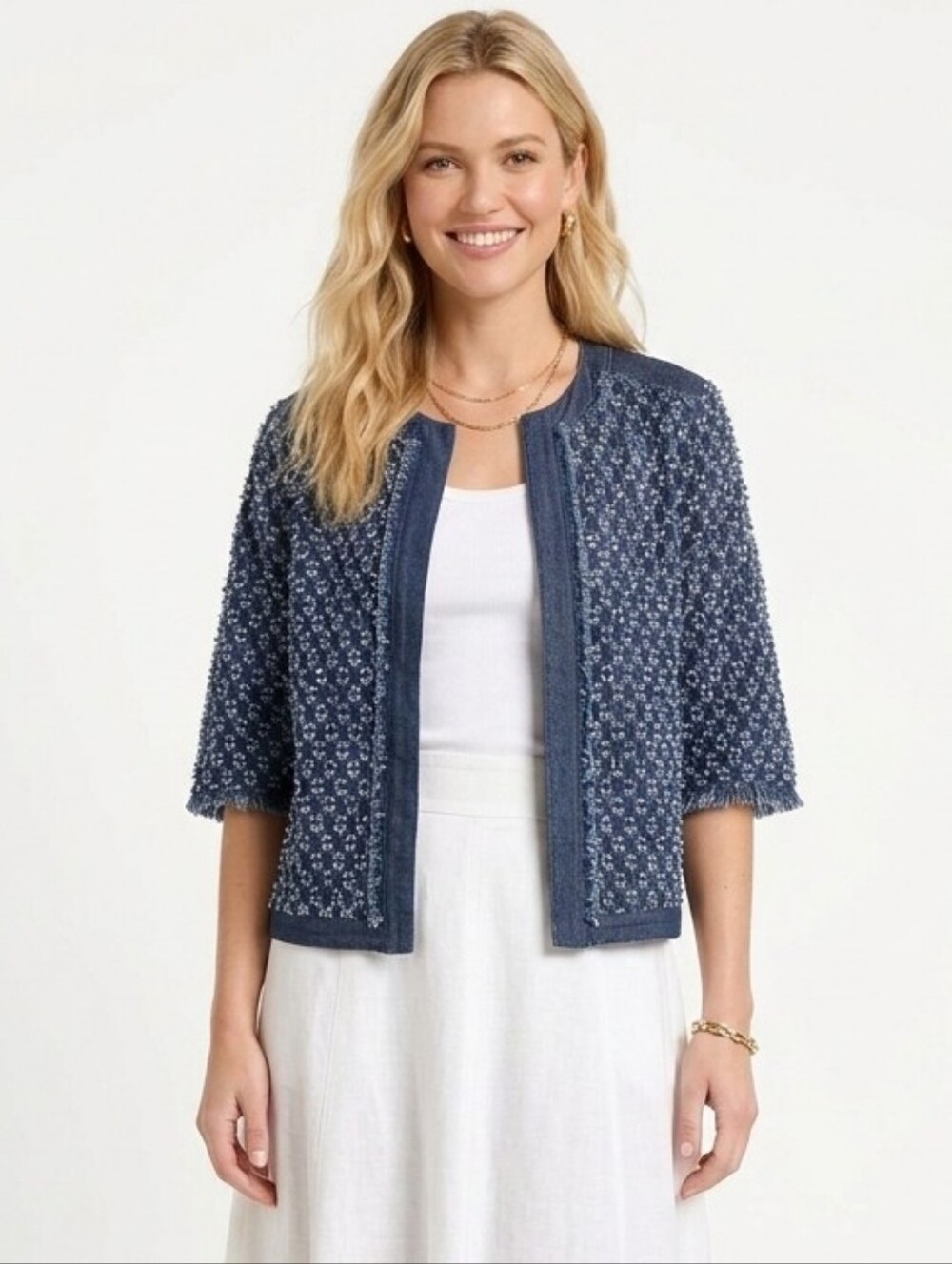 Chico's Distressed Denim Open Front Jacket Frayed Hem Size 0 Small